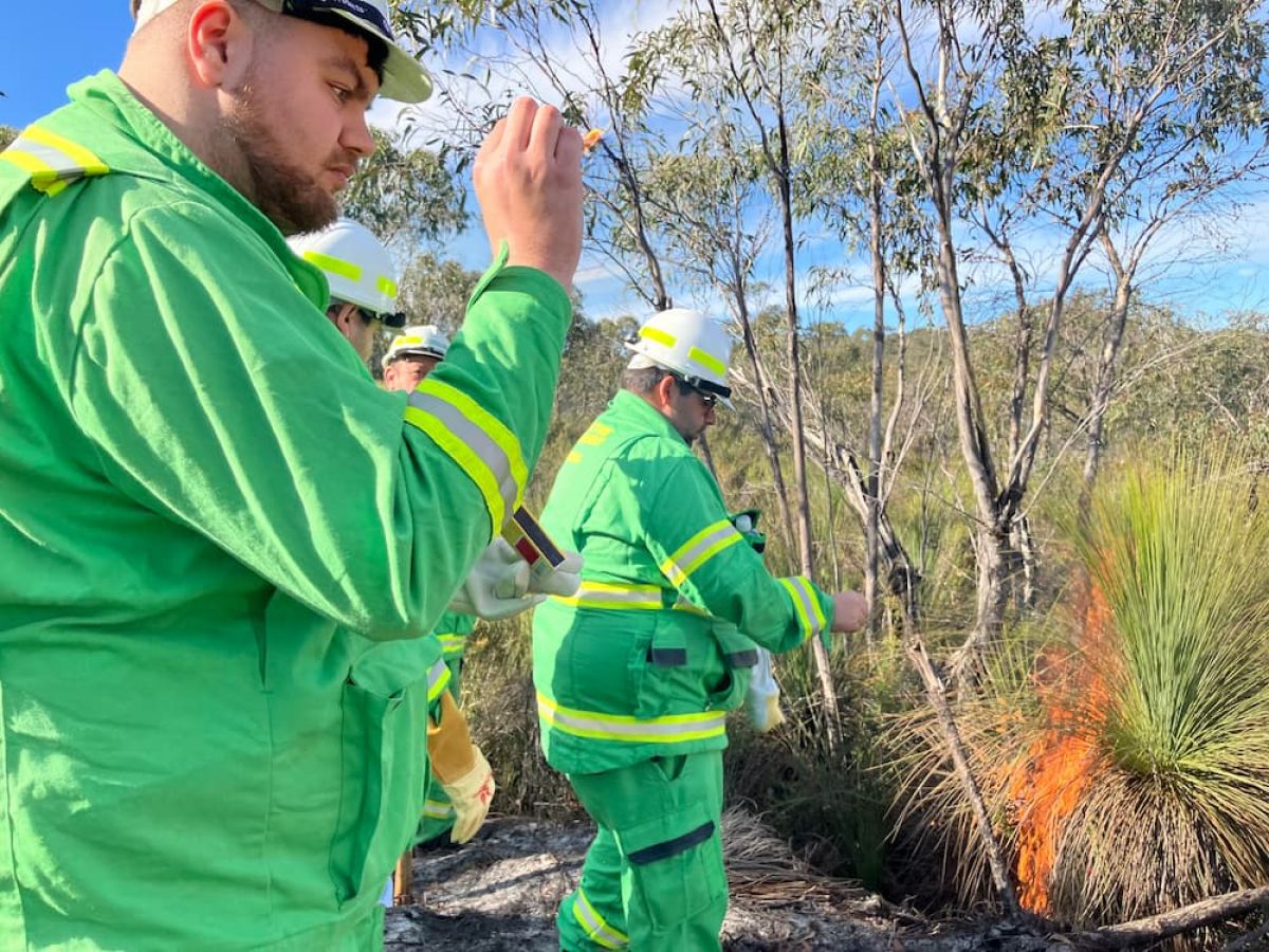 Three people observing burn